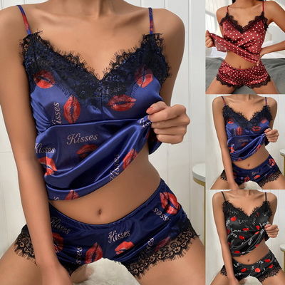 Soft Underwear Satin Lace Floral Edge Sleepwear Sexy Tempt Pajamas For Women Lingerie
